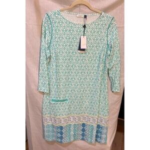 Cabana Life Coastal Cottage Shift Dress 50 UV Protection Turquoise Geometric Lg